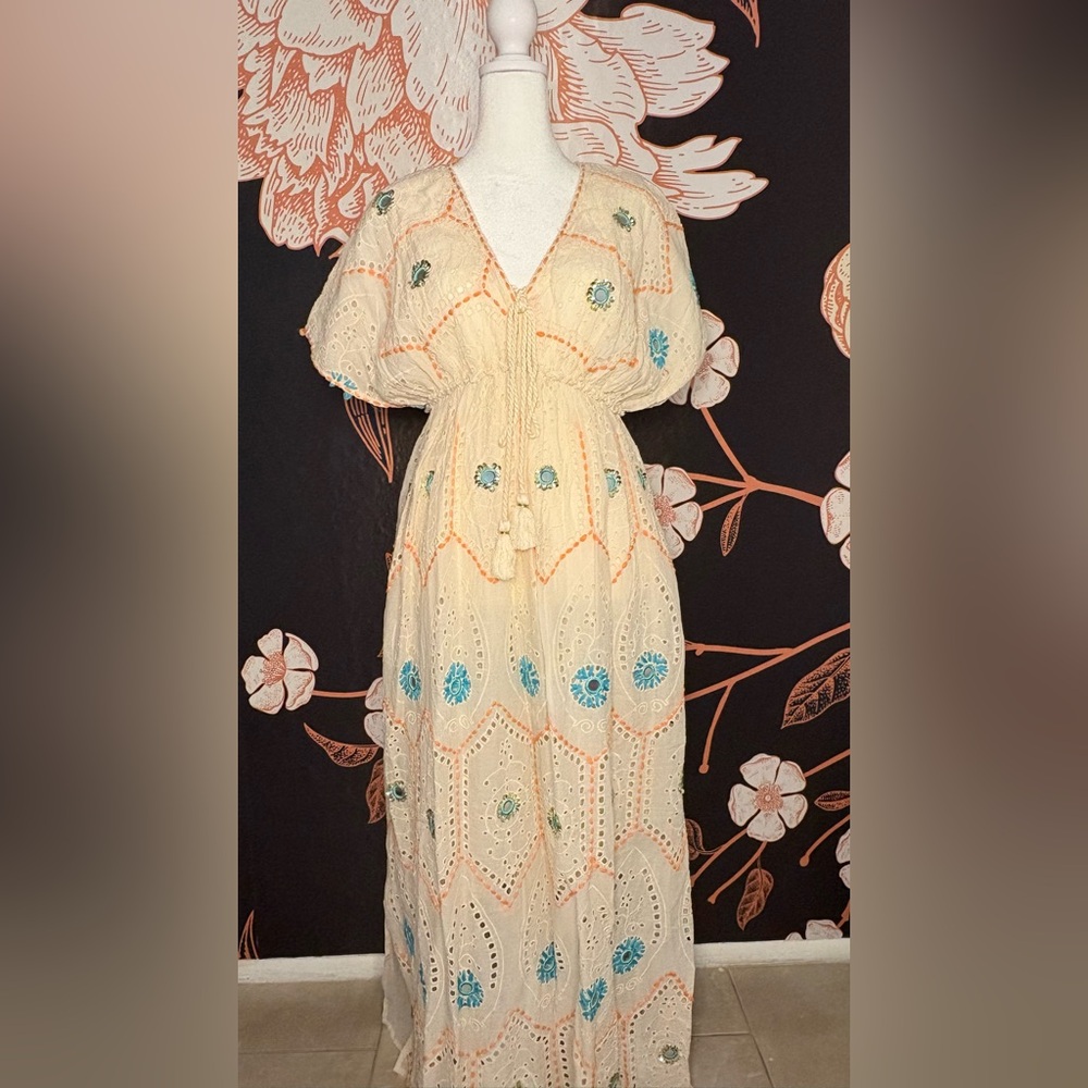 Papa Pia Cream Maxi Dress with Blue & Orange Embroidered Accents & Sequin Detail